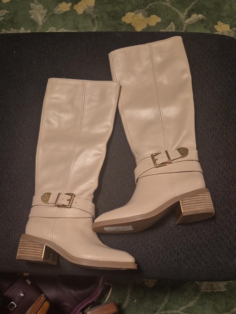 Vince Camuto Cream Leather Over-the-Knee Boots with Gold Buckle